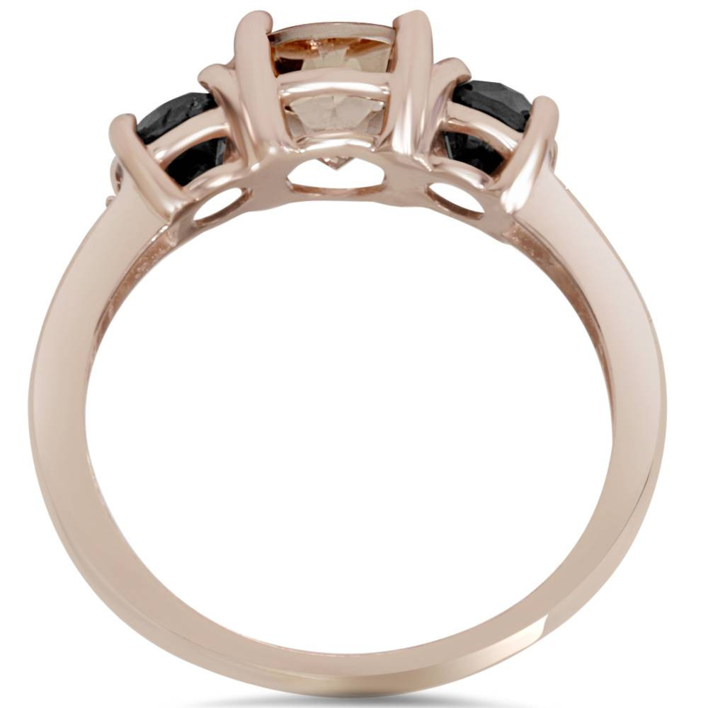 2.10Ct Morganite & Black Diamond Engagement 3-Stone Ring 14K Rose Gold (H-I, I1)