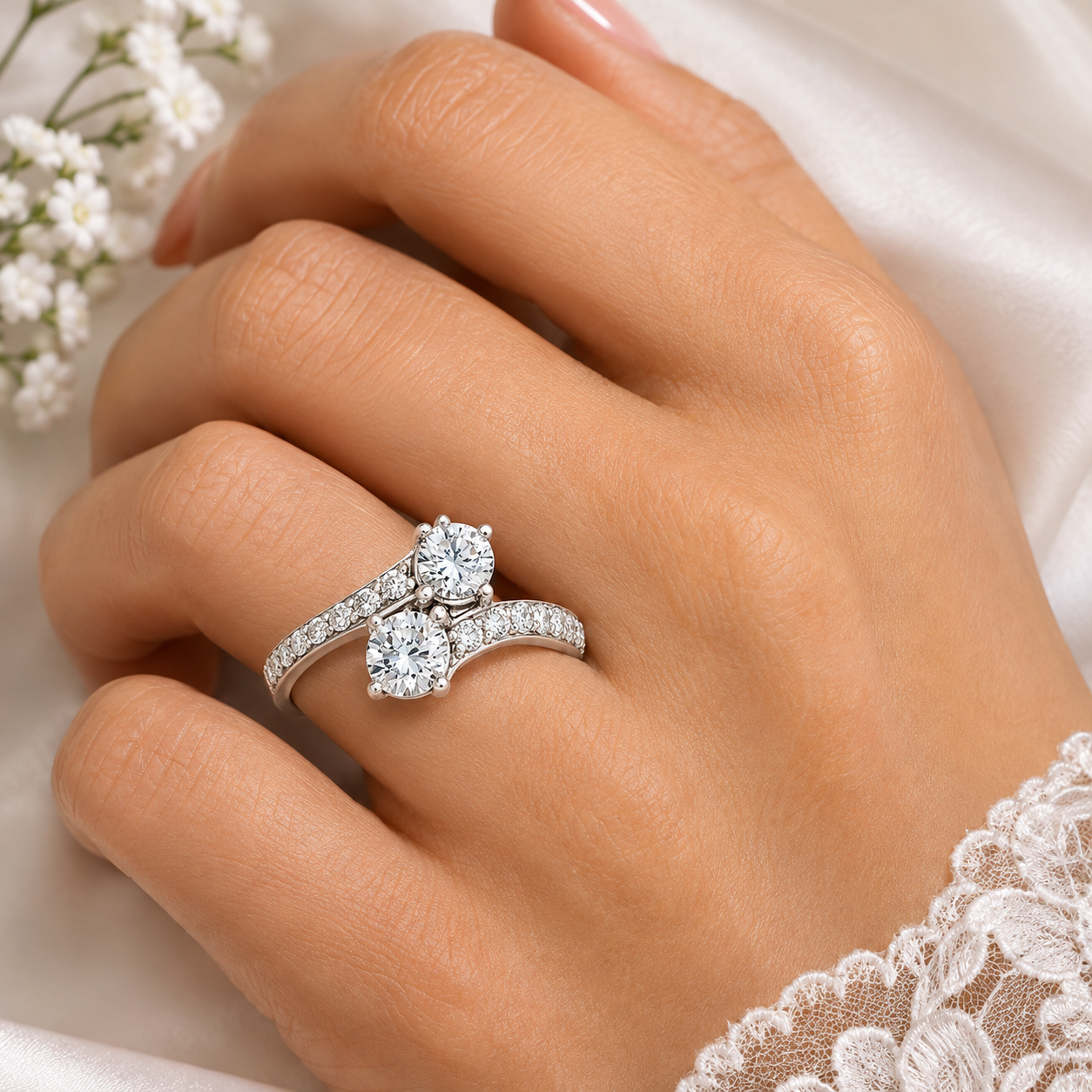 1CT 2 Stone Forever Us Lab Created Diamond Engagement Ring 14k White Gold (G-H, VS2-SI1)
