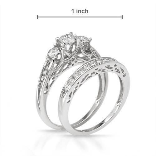 1/2ct 3 Stone Engagement Wedding Ring Set 14K White Gold (H-I, I2-I3)