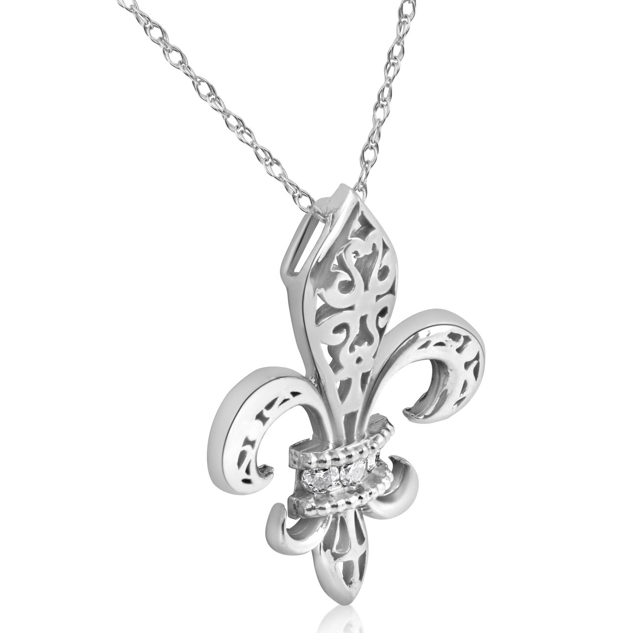 1/10ct Vintage Fleur De Lis Pendant 14K White Gold 1" Tall (G-H, I1)