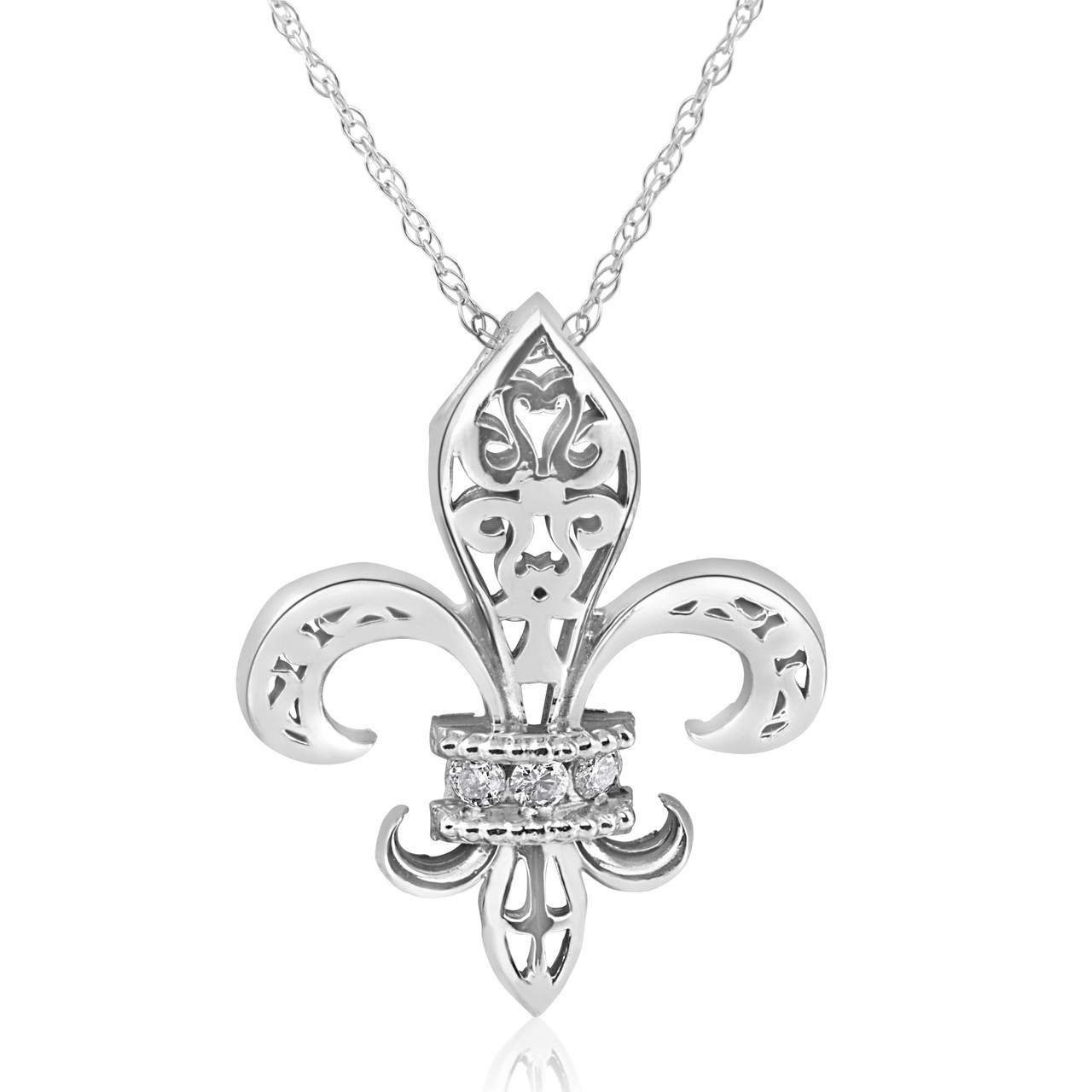 1/10ct Vintage Fleur De Lis Pendant 14K White Gold 1" Tall (G-H, I1)