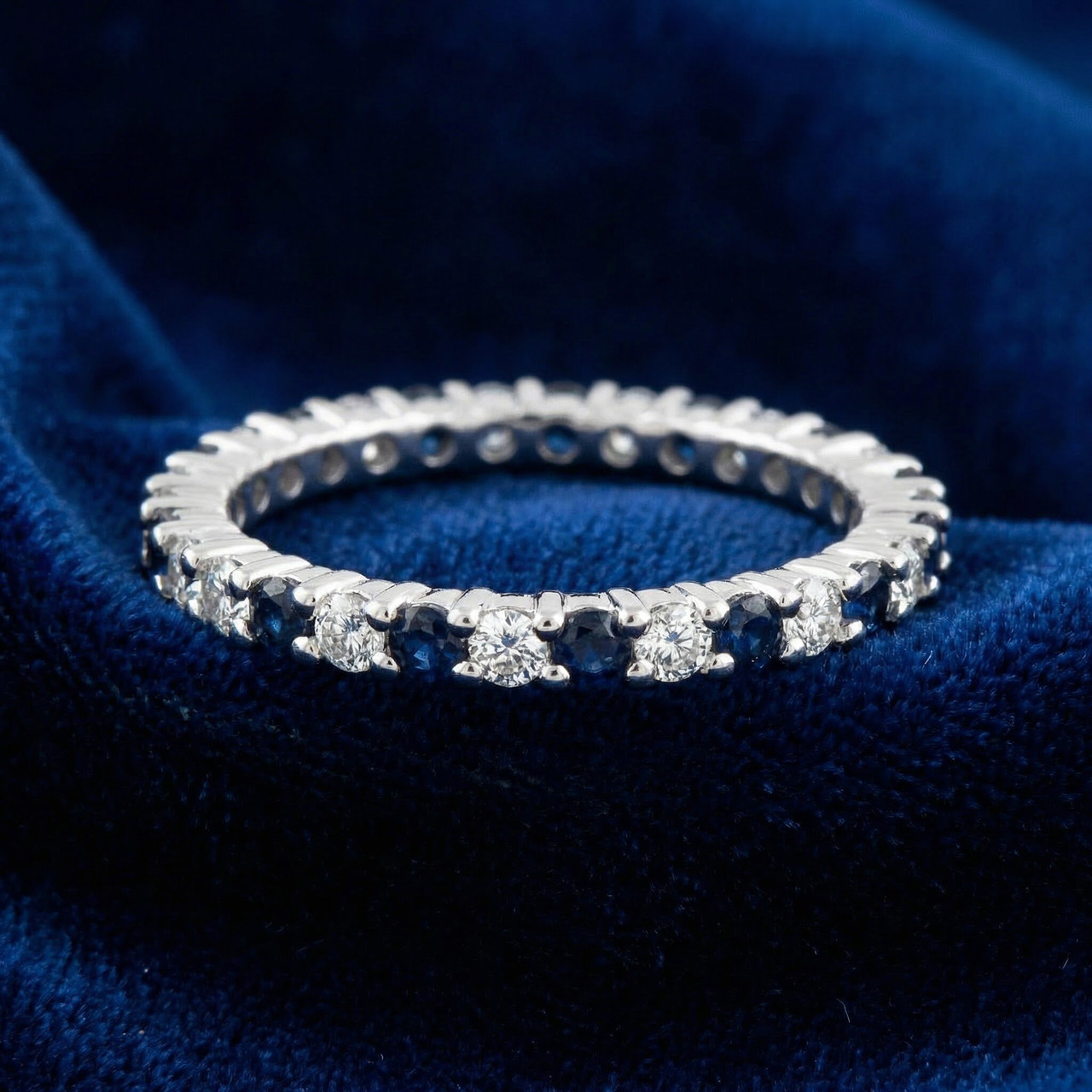 1/2ct Blue Sapphire Diamond Wedding Band Stackable Eternity Ring 14k White Gold (G-H, I1)