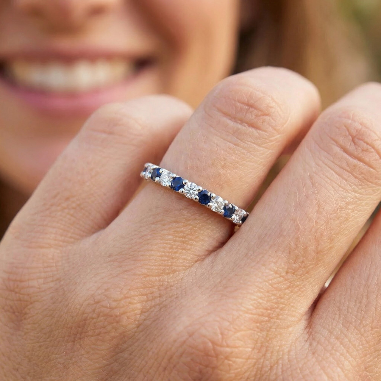 1/2ct Blue Sapphire Diamond Wedding Band Stackable Eternity Ring 14k White Gold (G-H, I1)