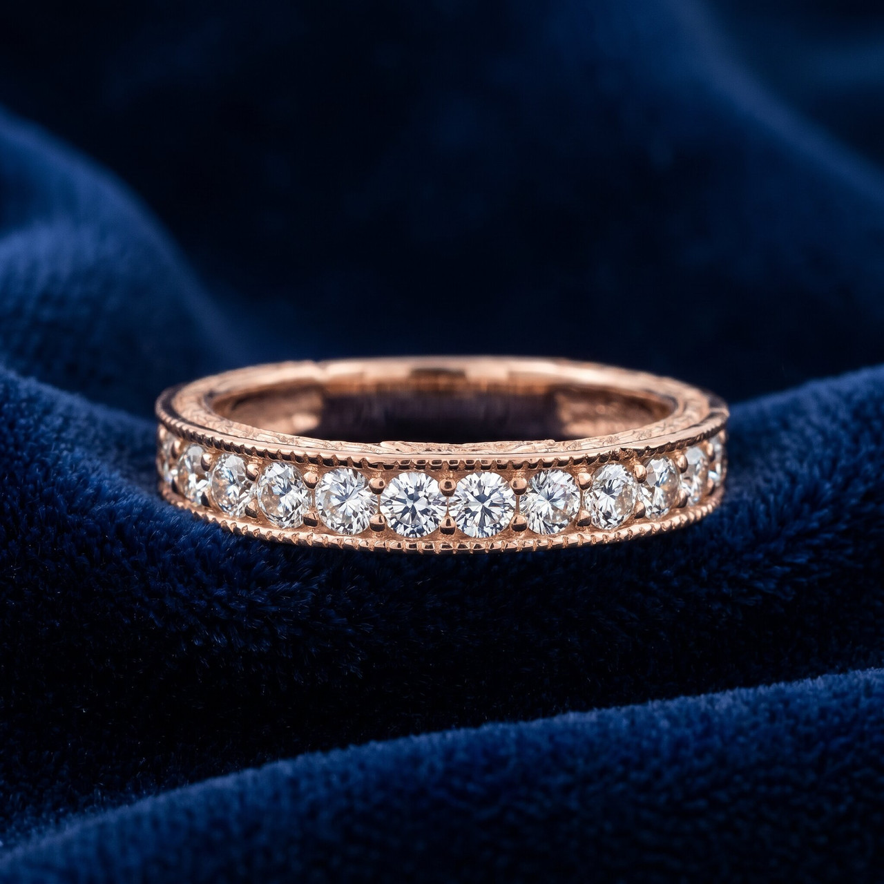 14k Rose Gold 1/3ct Diamond Vintage Wedding Ring Scroll Pattern Stackable Band (F-G, VS)