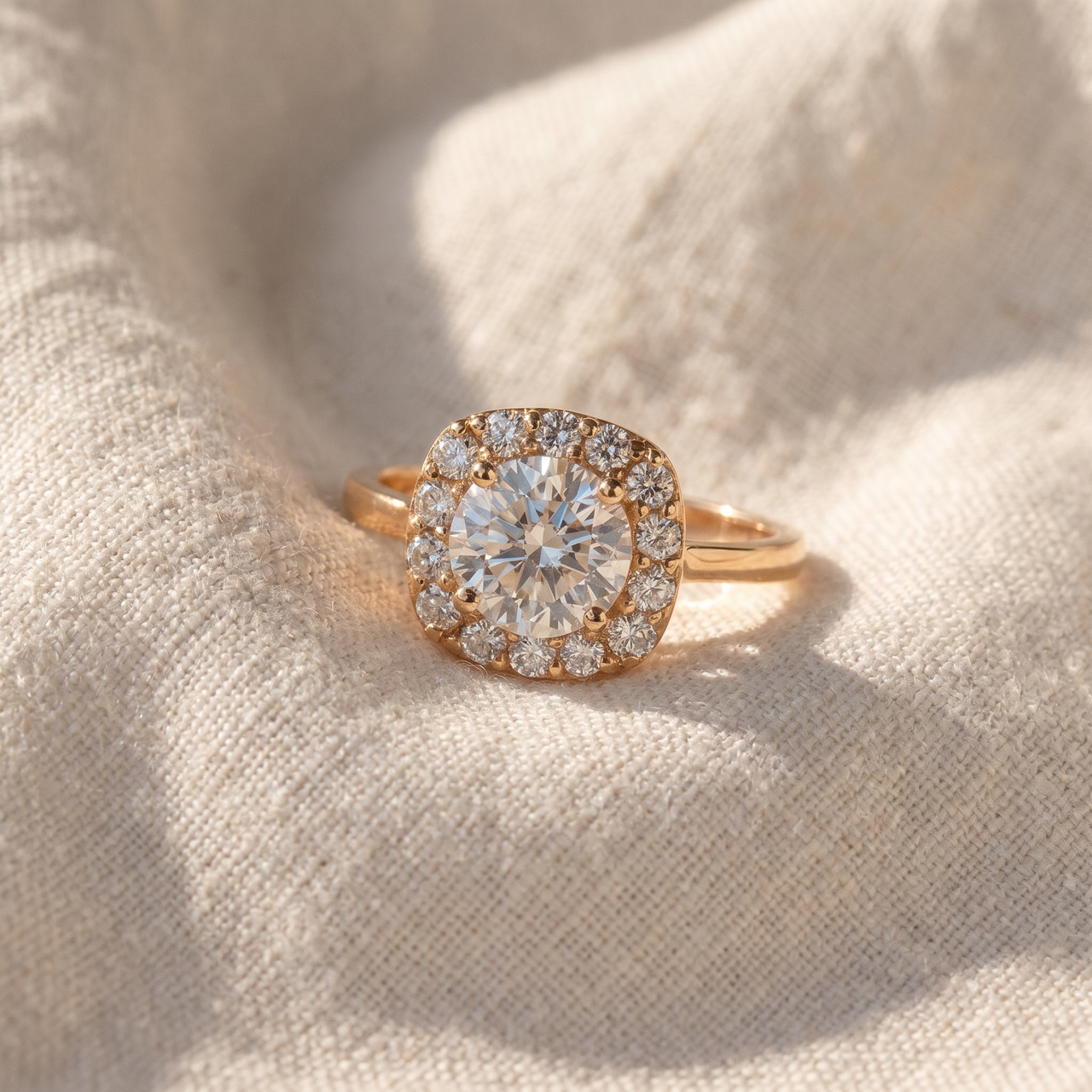 2Ct Diamond Cushion Halo Engagement Ring 14k Yellow Gold Lab Grown (F-G, VS)