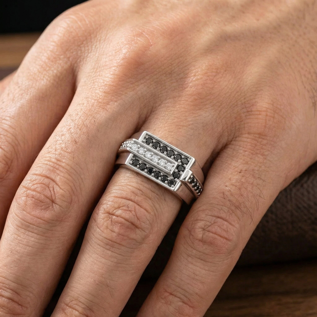 Mens 5/8ct Black & White Diamond Wedding Ring 10k White Gold (H-I, I1)