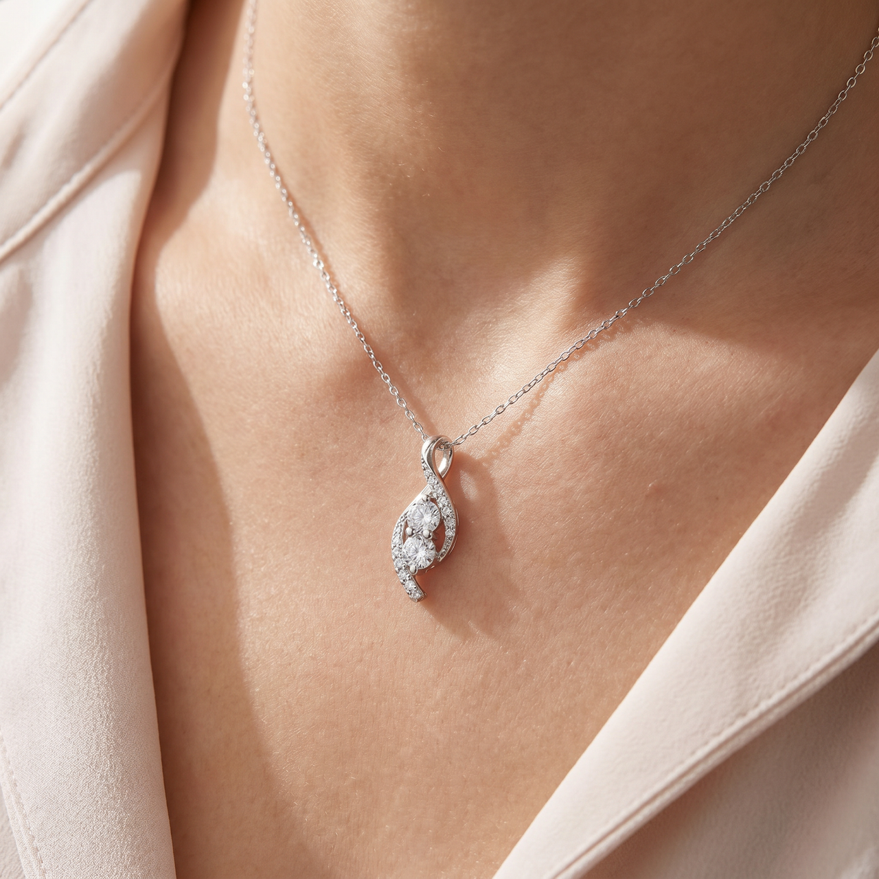 5/8ct Two Stone Diamond Freeform Pendant 10k White Gold 5/8" Tall (I-J, I1)