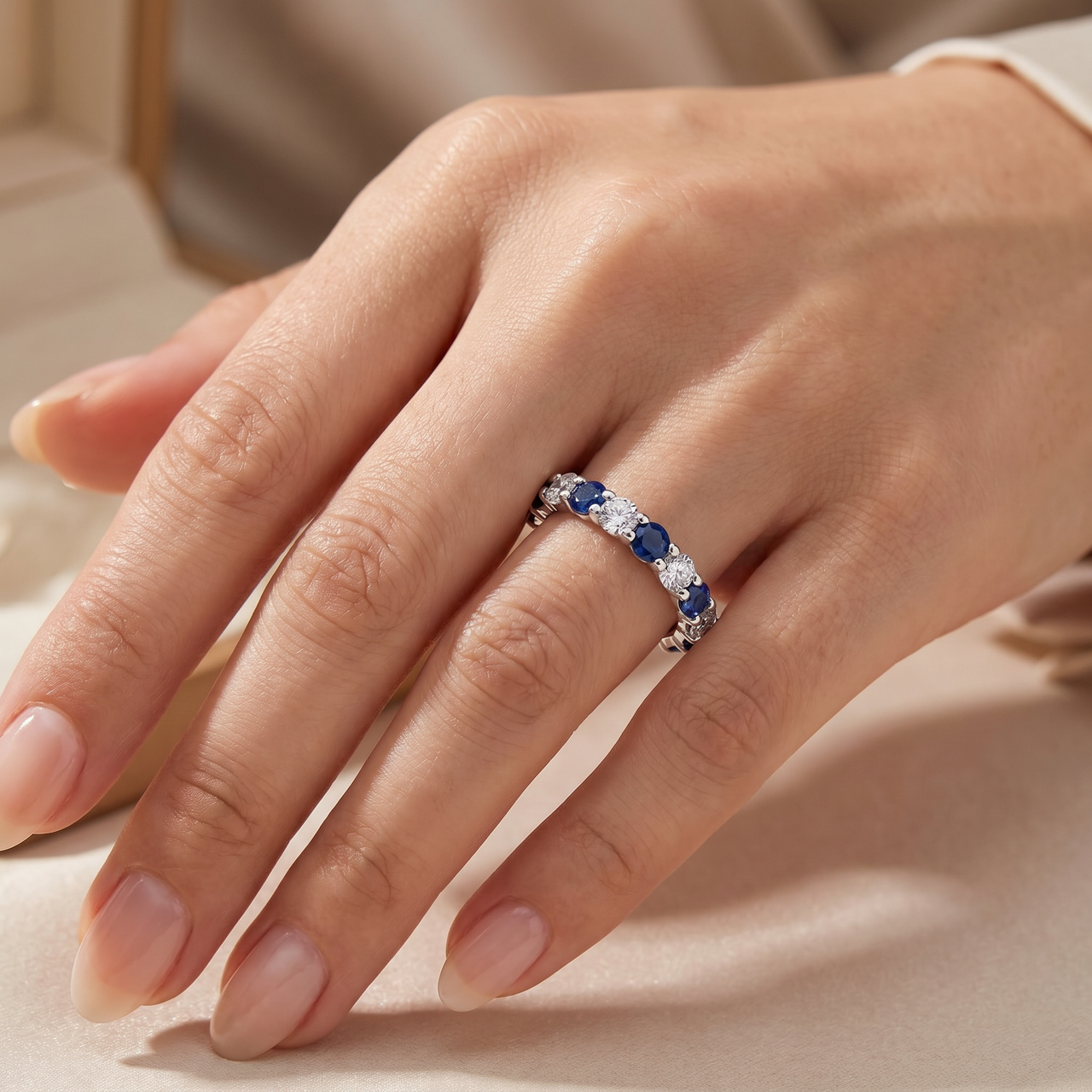3ct Blue Sapphire & Diamond Eternity Ring 14K White Gold (G-H, I1)