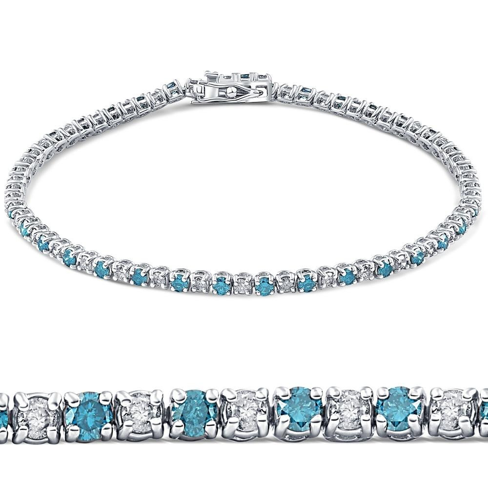 3ct Blue & White Diamond Tennis Bracelet 14K White Gold 7" (G-H, I2-I3)