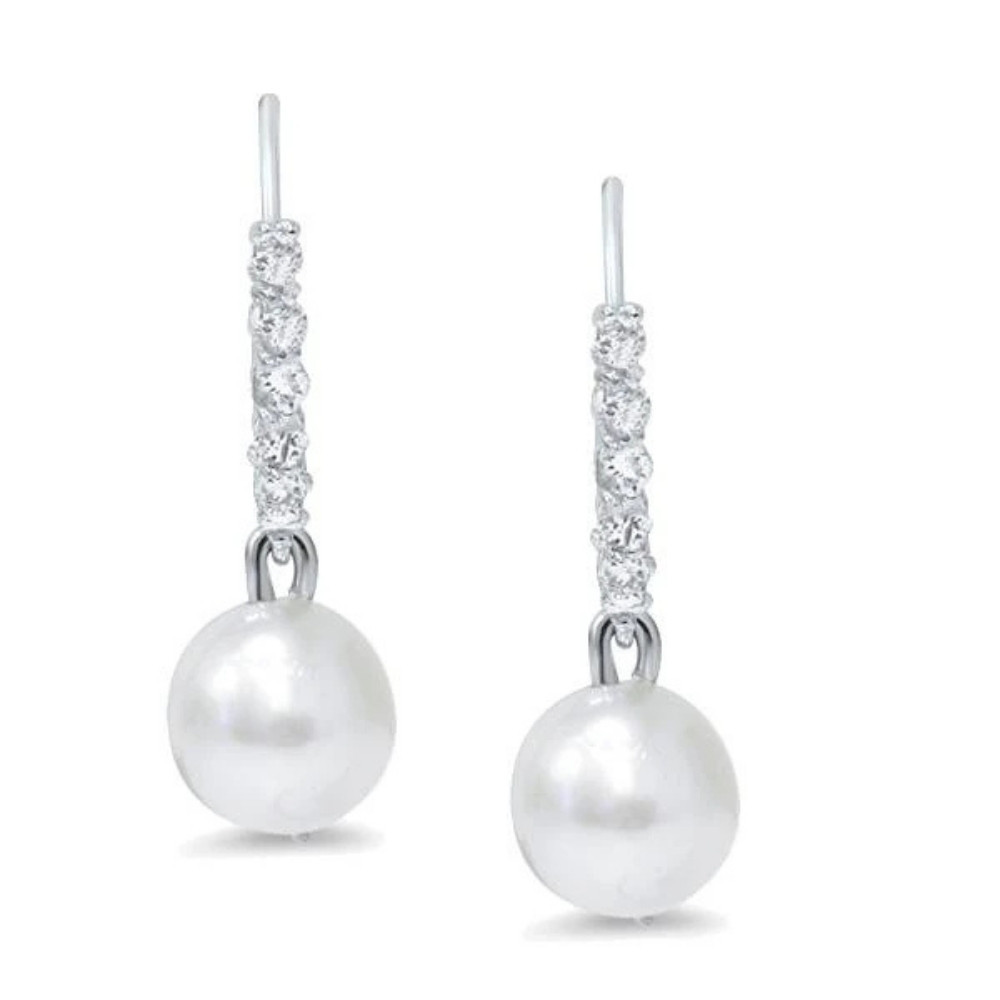 1/4ct Diamond Dangle Lever back Hoops & Pearl Earrings 14K White Gold (H-I, I2-I3)