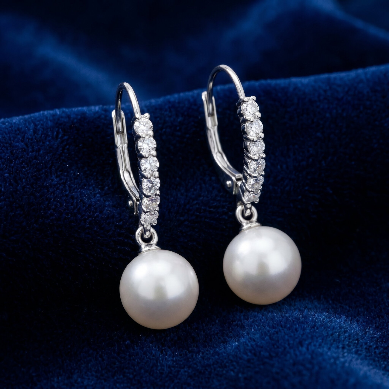 1/4ct Diamond Dangle Lever back Hoops & Pearl Earrings 14K White Gold (H-I, I2-I3)