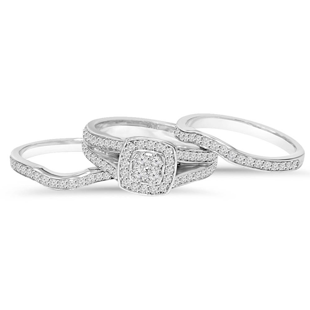 Buy 3 ct Diamond Engagement Wedding Double Cushion Halo Trio Ring Set 14k  White Gold Online at desertcartINDIA