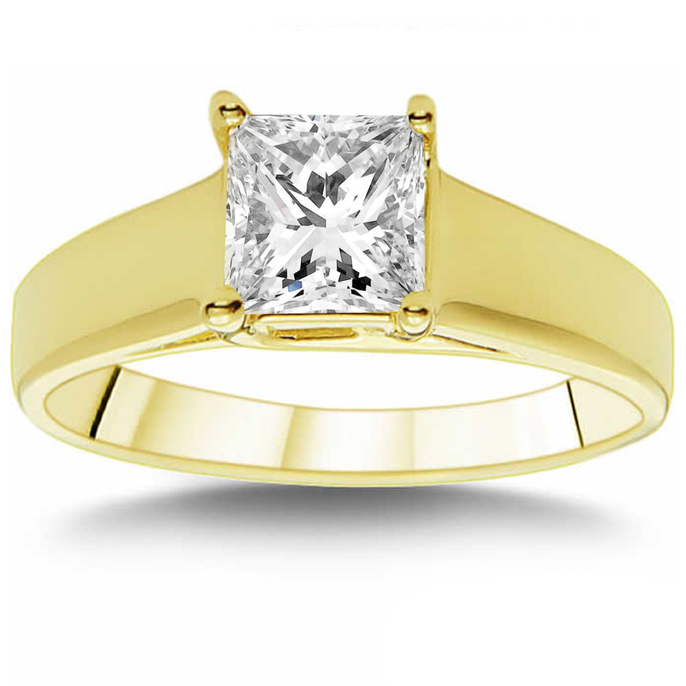 Showstopper 1 Ct Princess Cut Solitaire Engagement Ring, Real 14K Yellow Gold, D Color VVS1, Perfect For Wedding Or Promise