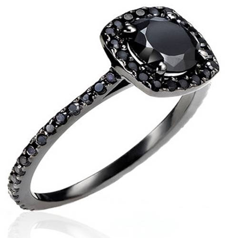 1 1/2ct TW Black Round Diamond Cushion Halo Engagement Ring 14K Black Gold