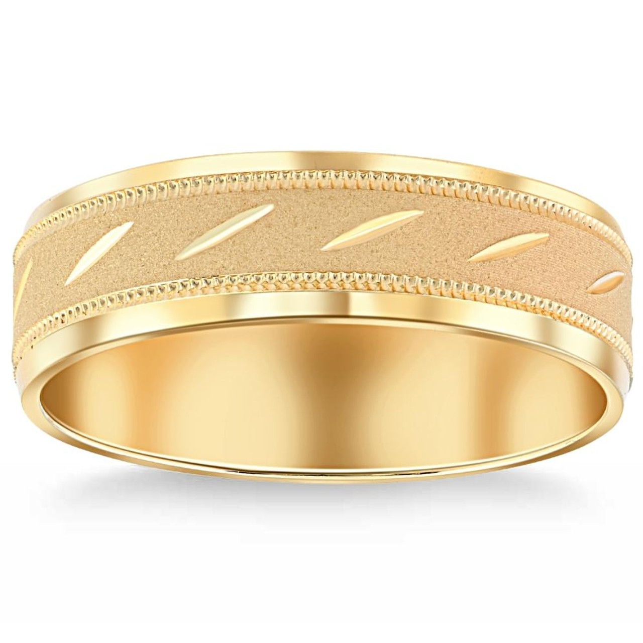 Mens 10k Yellow Gold 6MM Brushed Carved Wedding Band Comfort Fit Ring