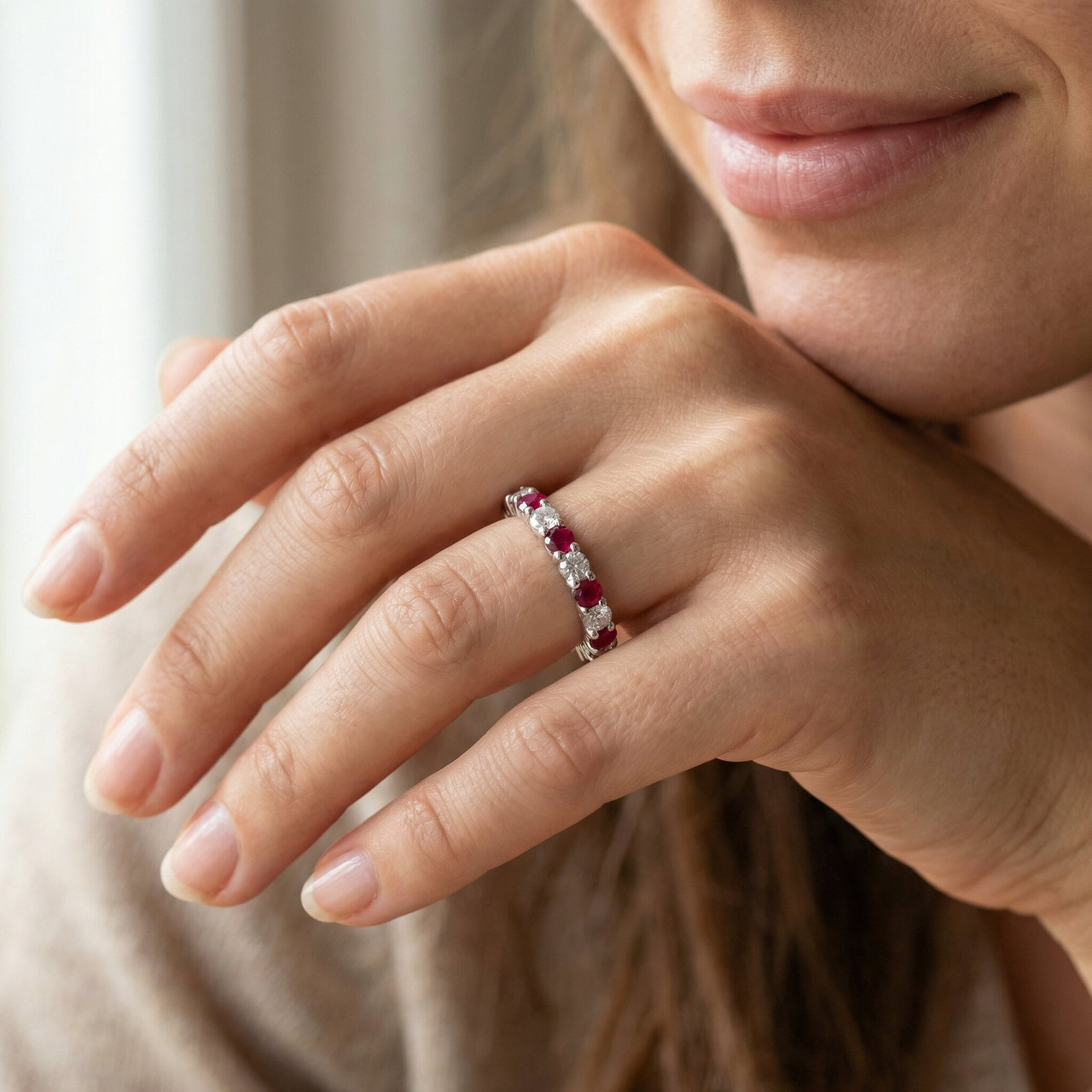 1 1/2ct Garnet Diamond Eternity Ring 14k White Gold