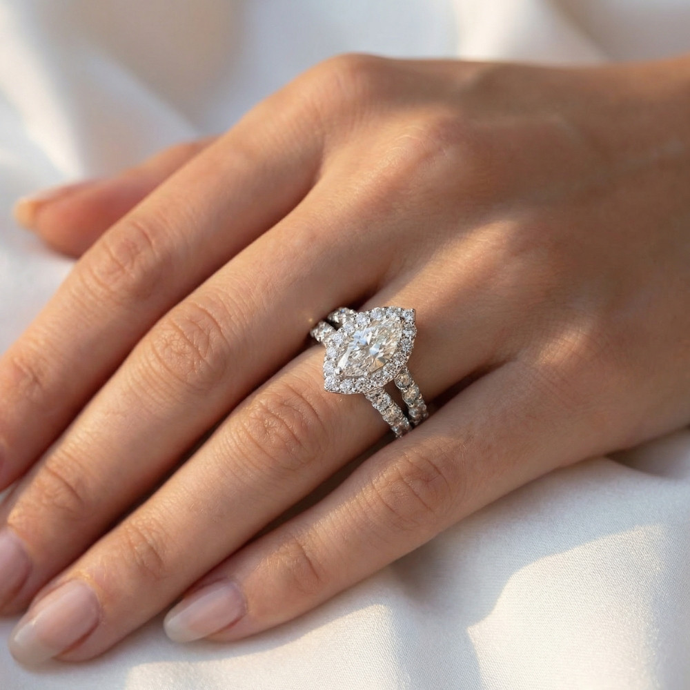 2 1/2ct Marquise Diamond Halo Lab Grown Engagement Ring 14k White Gold (G-H, VS2-SI1)