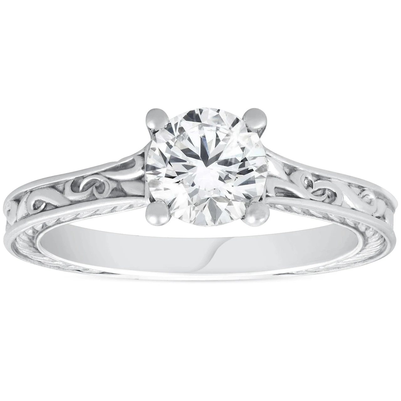 1Ct Solitaire Round Vintage Diamond Engagement Ring White Gold Lab Grown (F-G, VS)