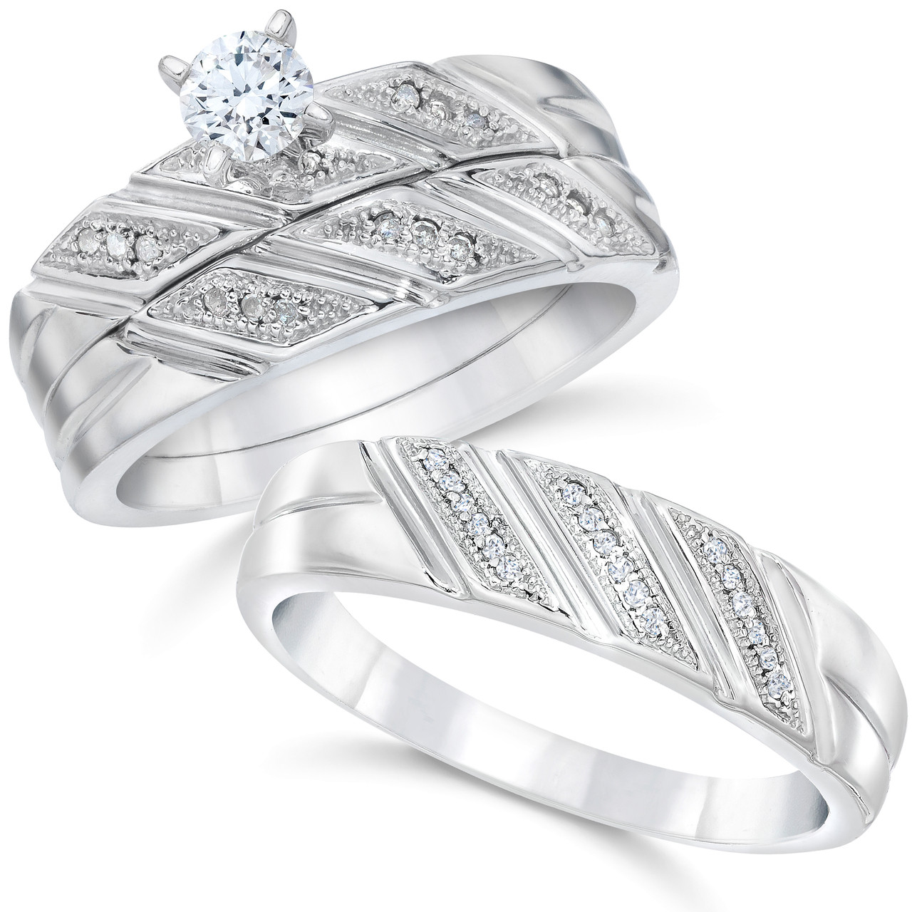 1/3ct His & Hers Diamond Trio Engagement Wedding Bridal Ring Set 10K White  Gold (H-I, I1)