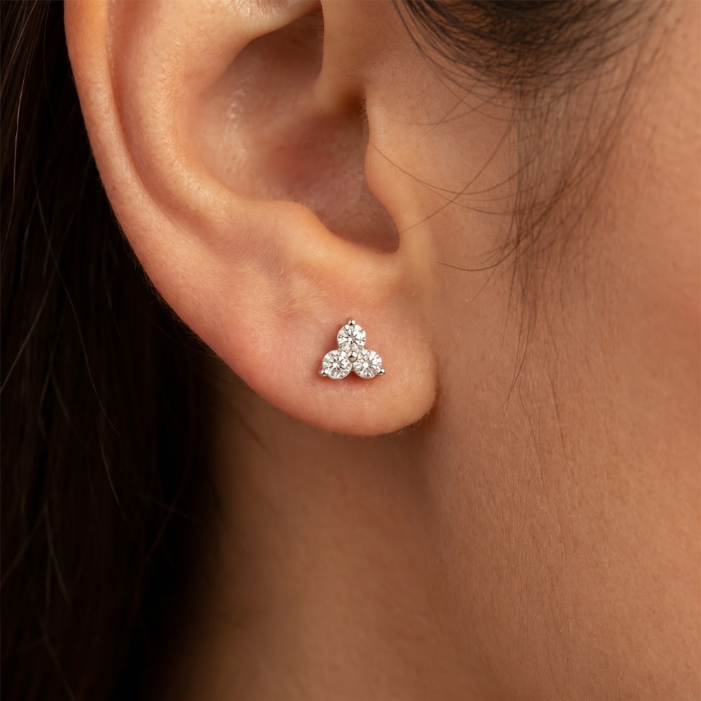 1ct Lab Grown Diamond 3 Stone Studs Womens Earrings 14K White Gold (G-H, SI)