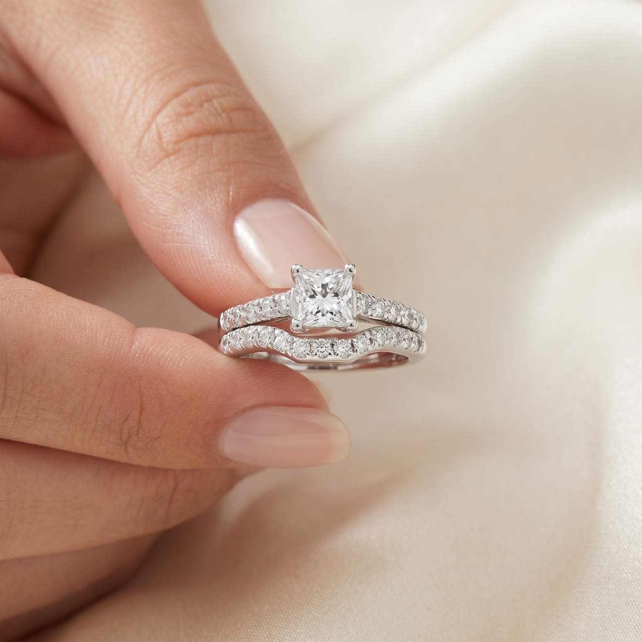 1 1/2ct Princess Cut Diamond Engagement Matching Wedding Ring Gold Lab Grown (F-G, VS)
