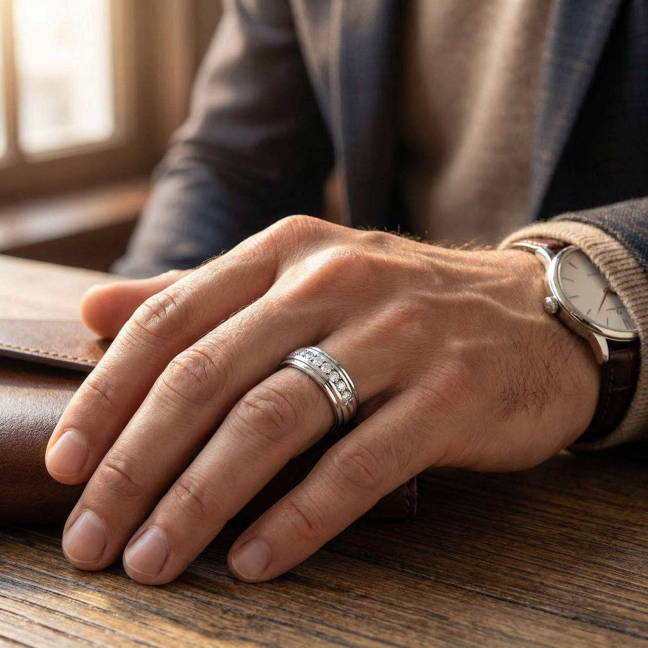 Mens 1/4ct White Gold 7 Stone Diamond Ring 10k Polished Wedding Anniversary Band (H-I, I1)