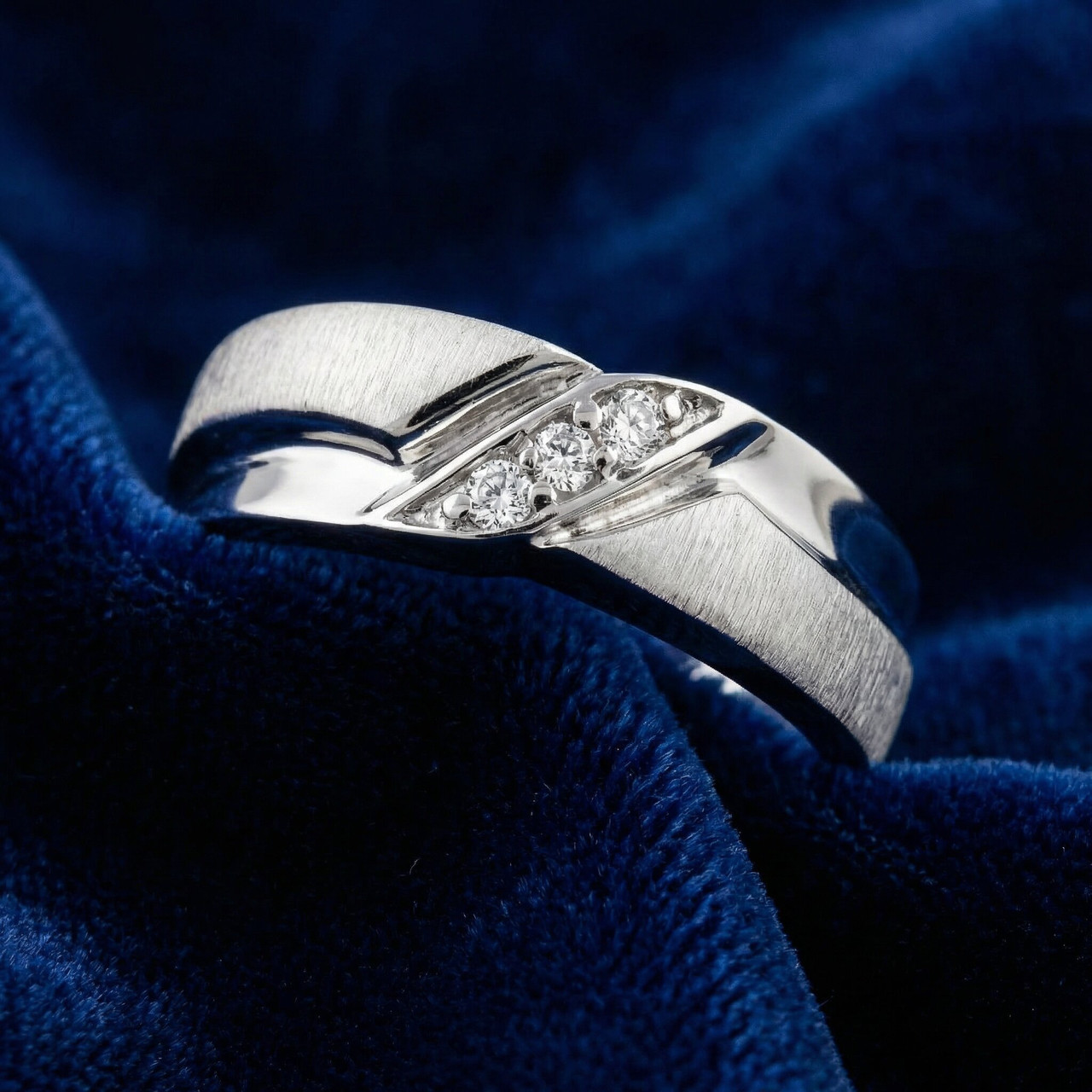 Mens 1/10ct White Gold Diamond Ring Contour Brushed Three Stone Wedding Band (H-I, I1)