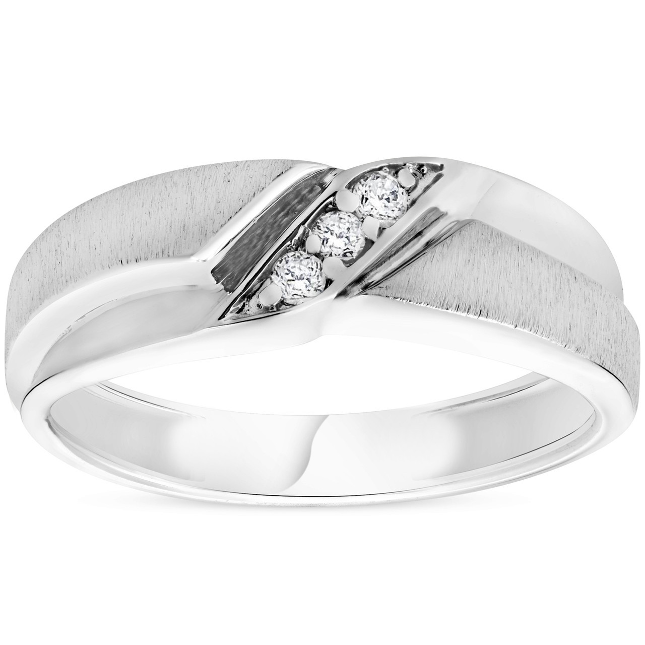 Mens 1/10ct White Gold Diamond Ring Contour Brushed Three Stone Wedding Band (H-I, I1)