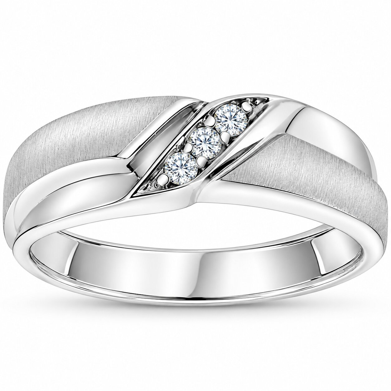 Mens 1/10ct White Gold Diamond Ring Contour Brushed Three Stone Wedding Band (H-I, I1)