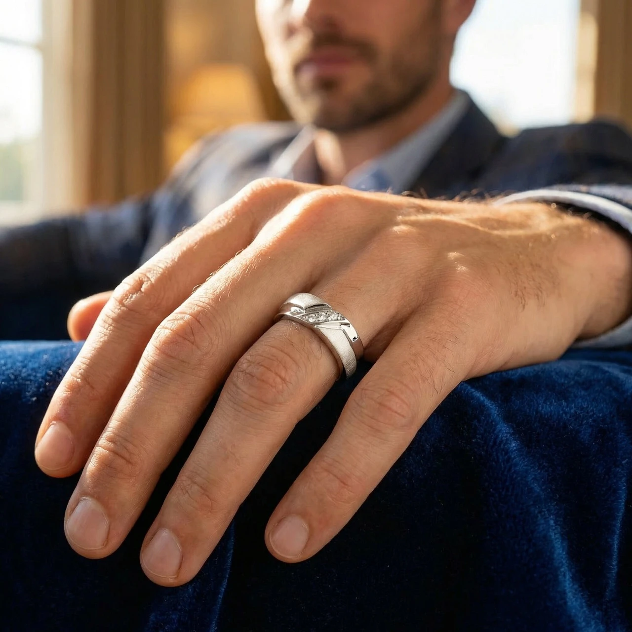 Mens 1/10ct White Gold Diamond Ring Contour Brushed Three Stone Wedding Band (H-I, I1)