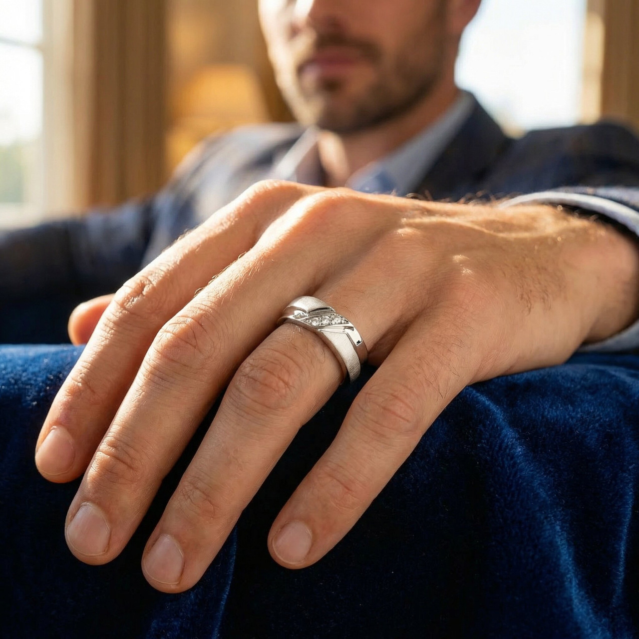 Mens 1/10ct White Gold Diamond Ring Contour Brushed Three Stone Wedding Band (H-I, I1)