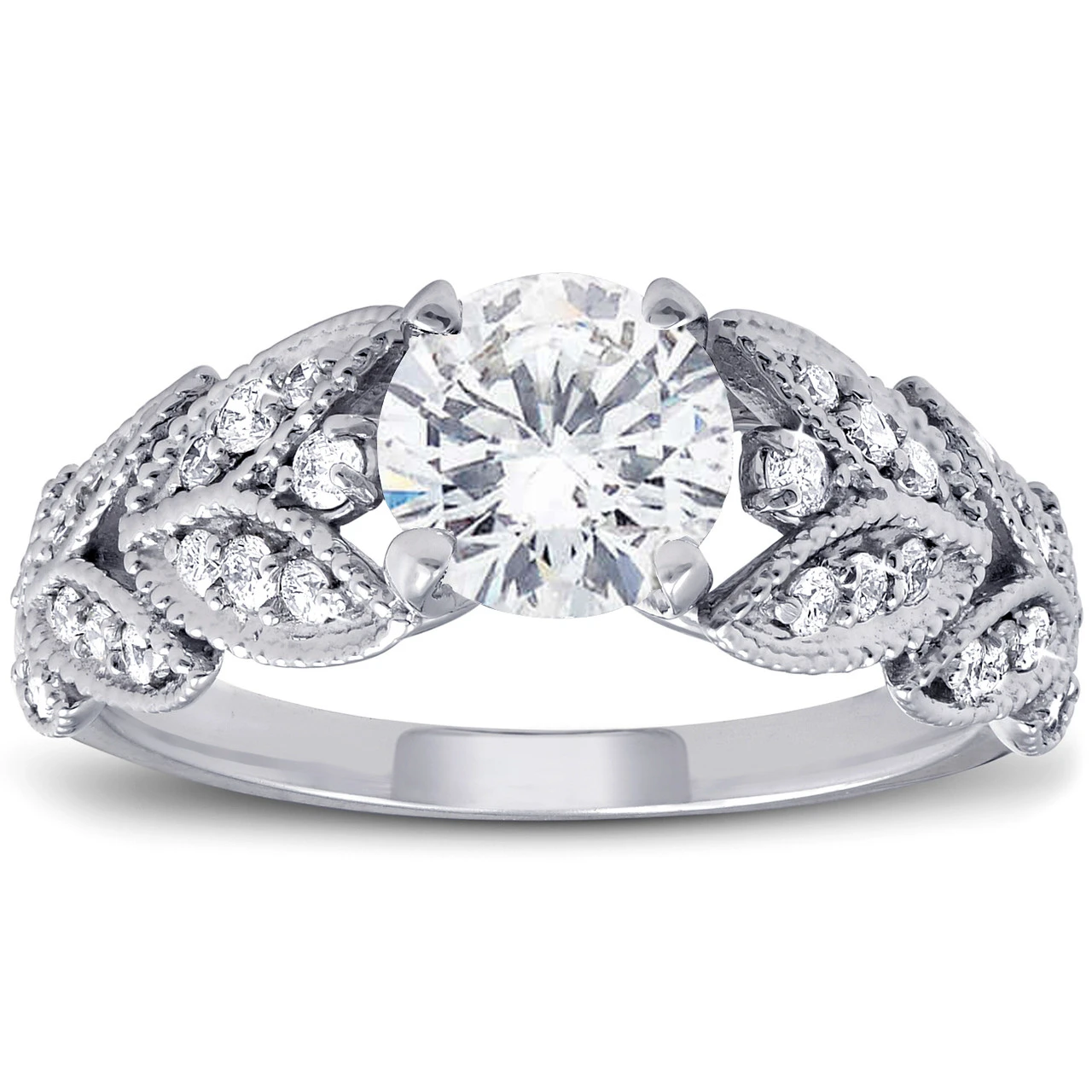 1ct Diamond Engagement Ring   Petal Vine Leaf 14k White Gold Enhanced (F-G, VS)