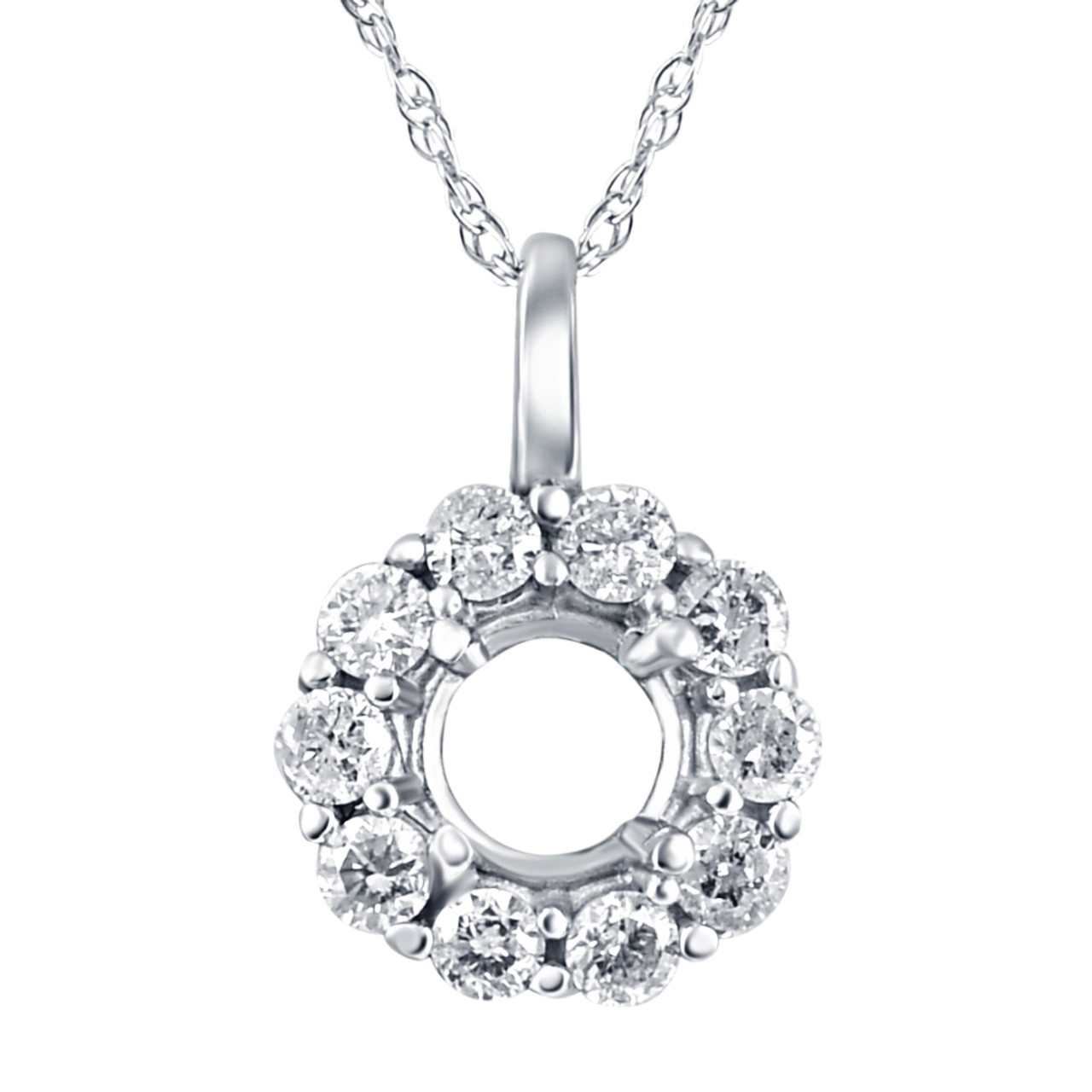 1/3ct Diamond Halo Pendant Mounting Fits 5.5-6.5mm Round Stone 14k White  Gold (G-H, I1)