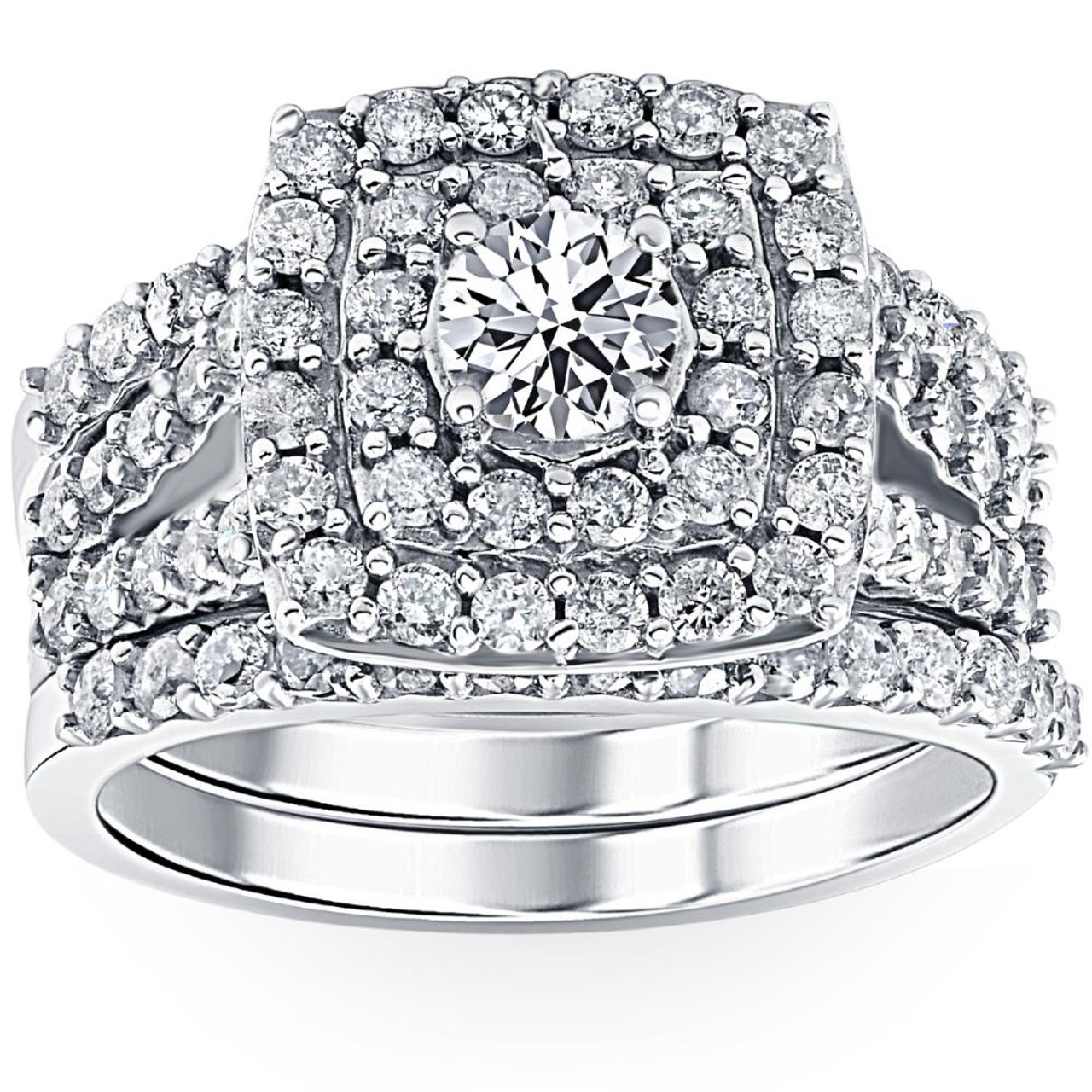 3 ct Diamond Engagement Wedding Double Cushion Halo Trio Ring Set 14k ...
