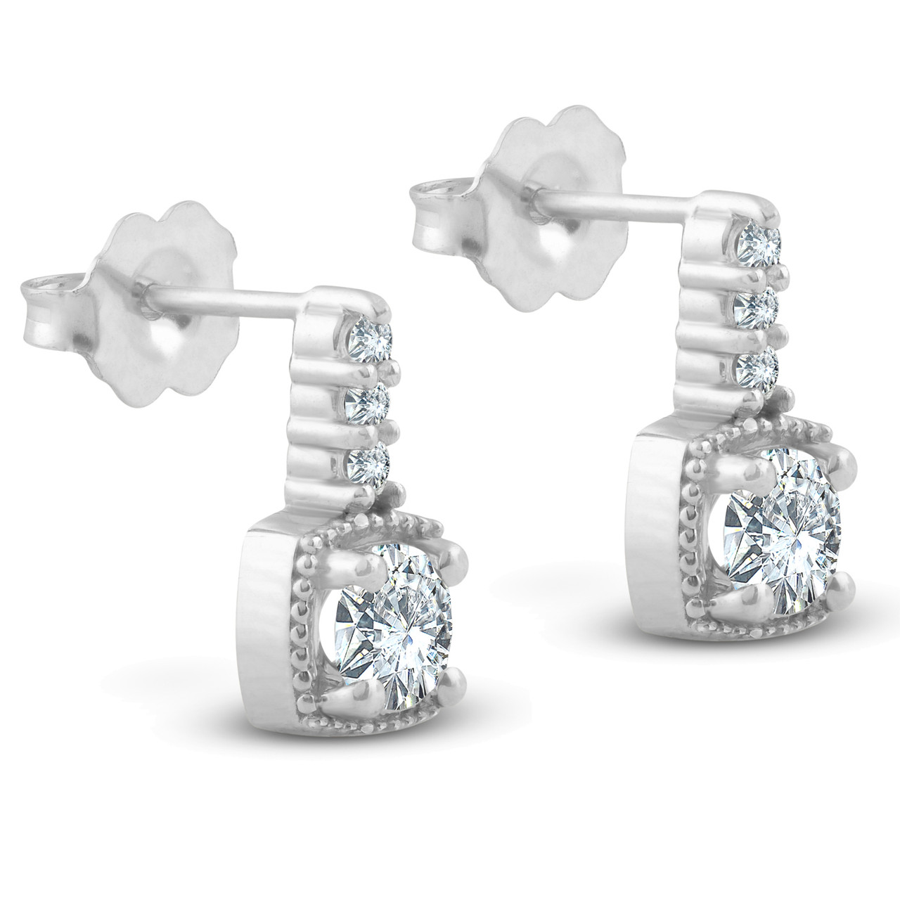 3/4ct Diamond Cushion Framed Drop Earrings 14k White Gold Petite 11mm Tall (I-J, I2-I3)