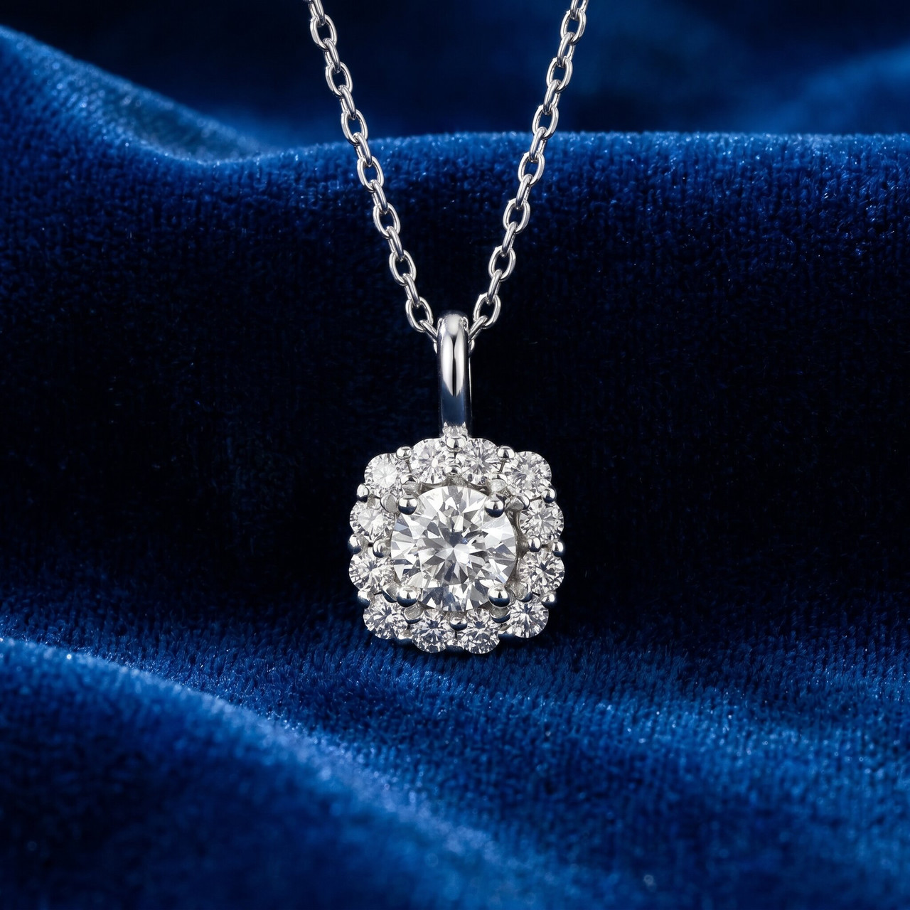 5/8ct Cushion Halo Diamond Pendant 14k White Gold & 18" Chain (I-J, I1)