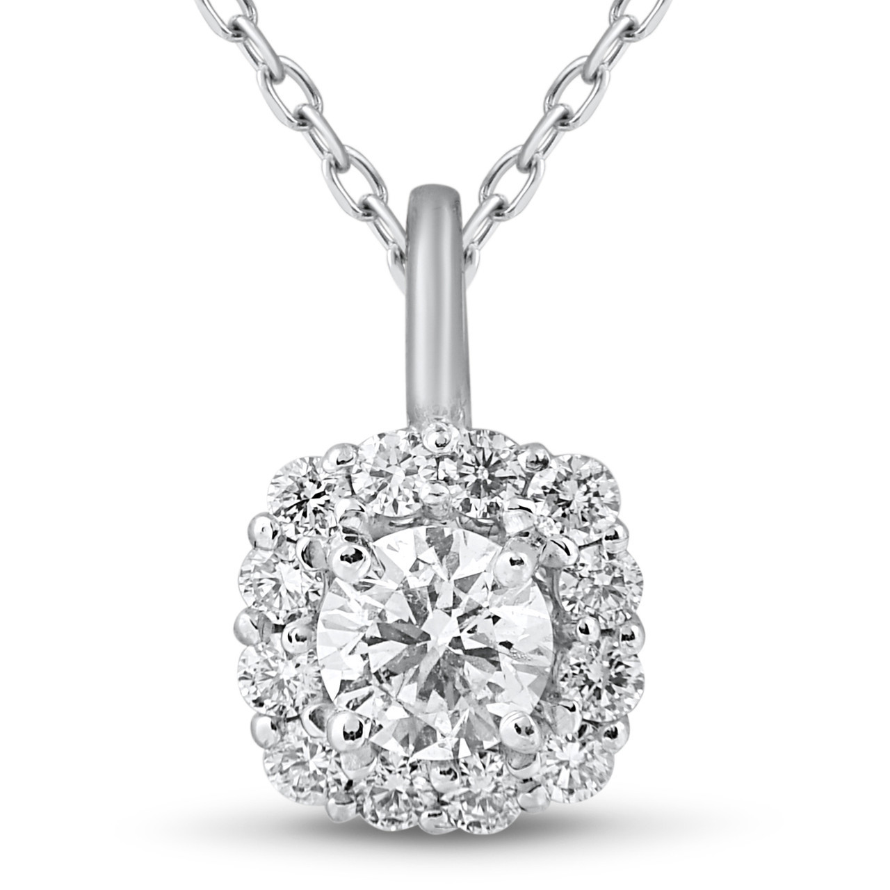 5/8ct Cushion Halo Diamond Pendant 14k White Gold & 18" Chain (I-J, I1)