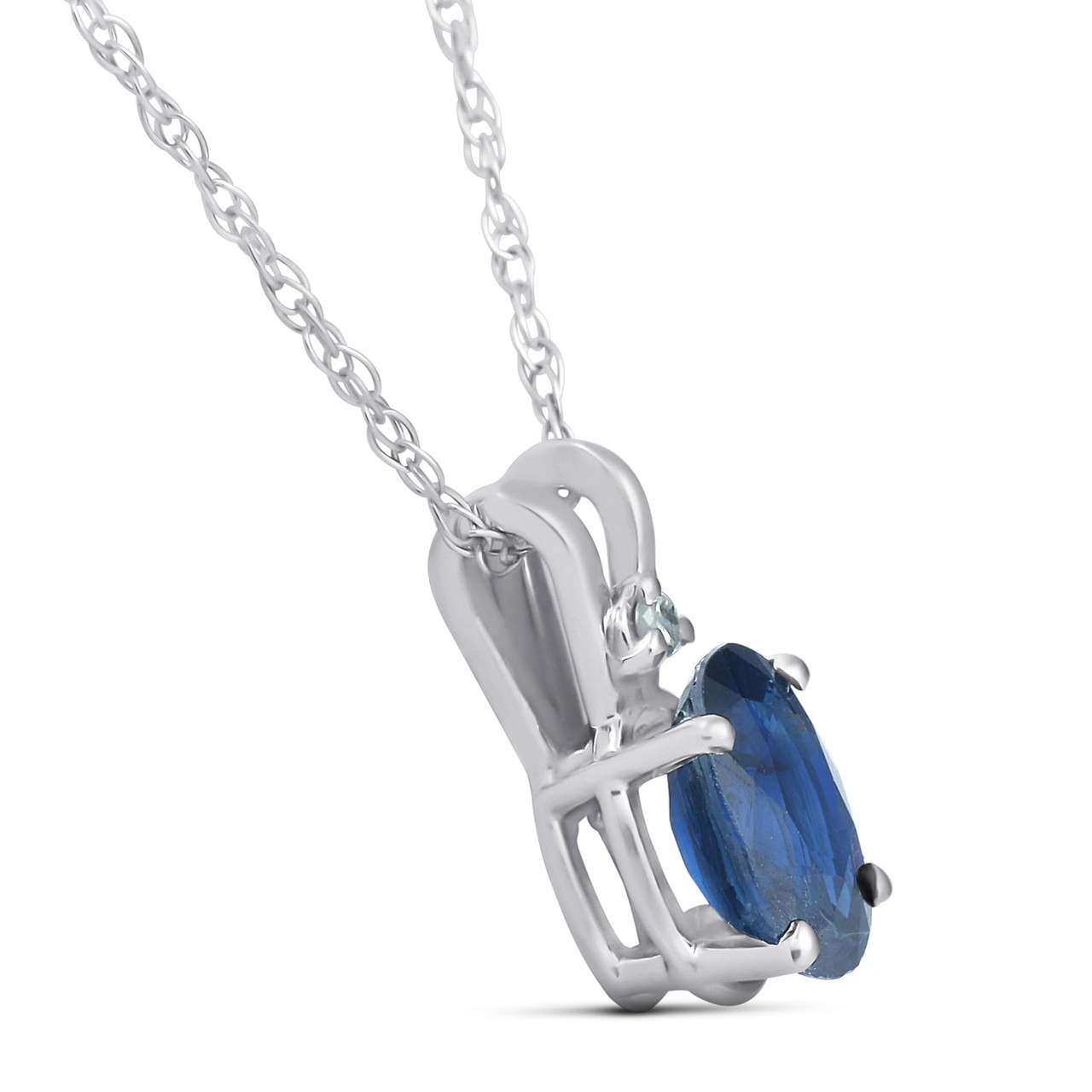 Diamond & Blue Sapphire Oval Shaped Solitaire Pendant 14K White Gold & 18" Chain (G-H, I2-I3)