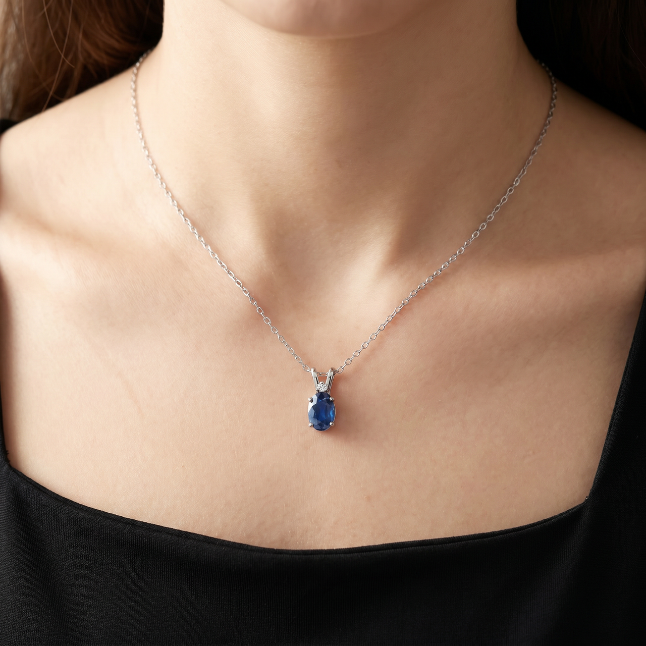 Diamond & Blue Sapphire Oval Shaped Solitaire Pendant 14K White Gold & 18" Chain (G-H, I2-I3)