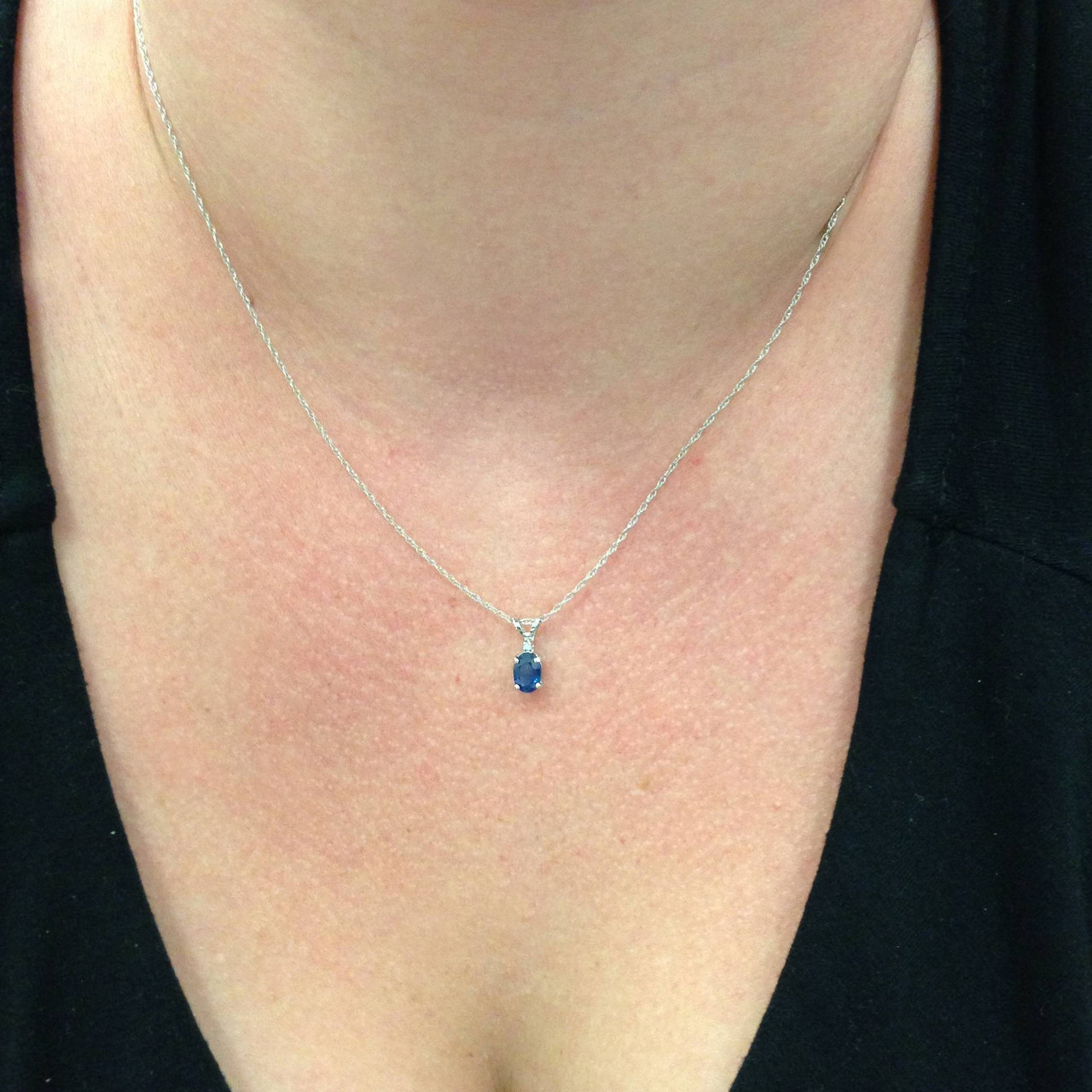 Diamond & Blue Sapphire Oval Shaped Solitaire Pendant 14K White Gold & 18" Chain (G-H, I2-I3)
