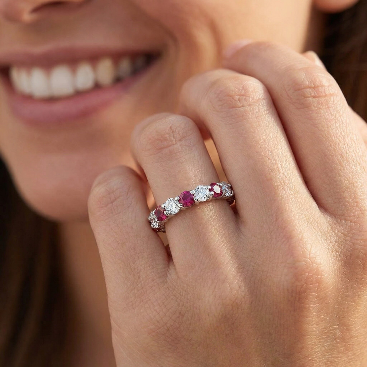 2 ct Ruby & Diamond Eternity Ring 14K White Gold Womens Stackable Wedding Band (G-H, I1)