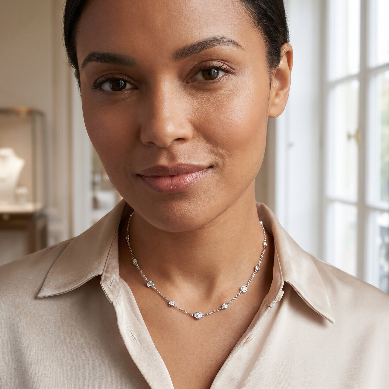 1 3/4 Ctw Diamond Bezel Station Necklace 14K White Gold 18" (G-H, SI)