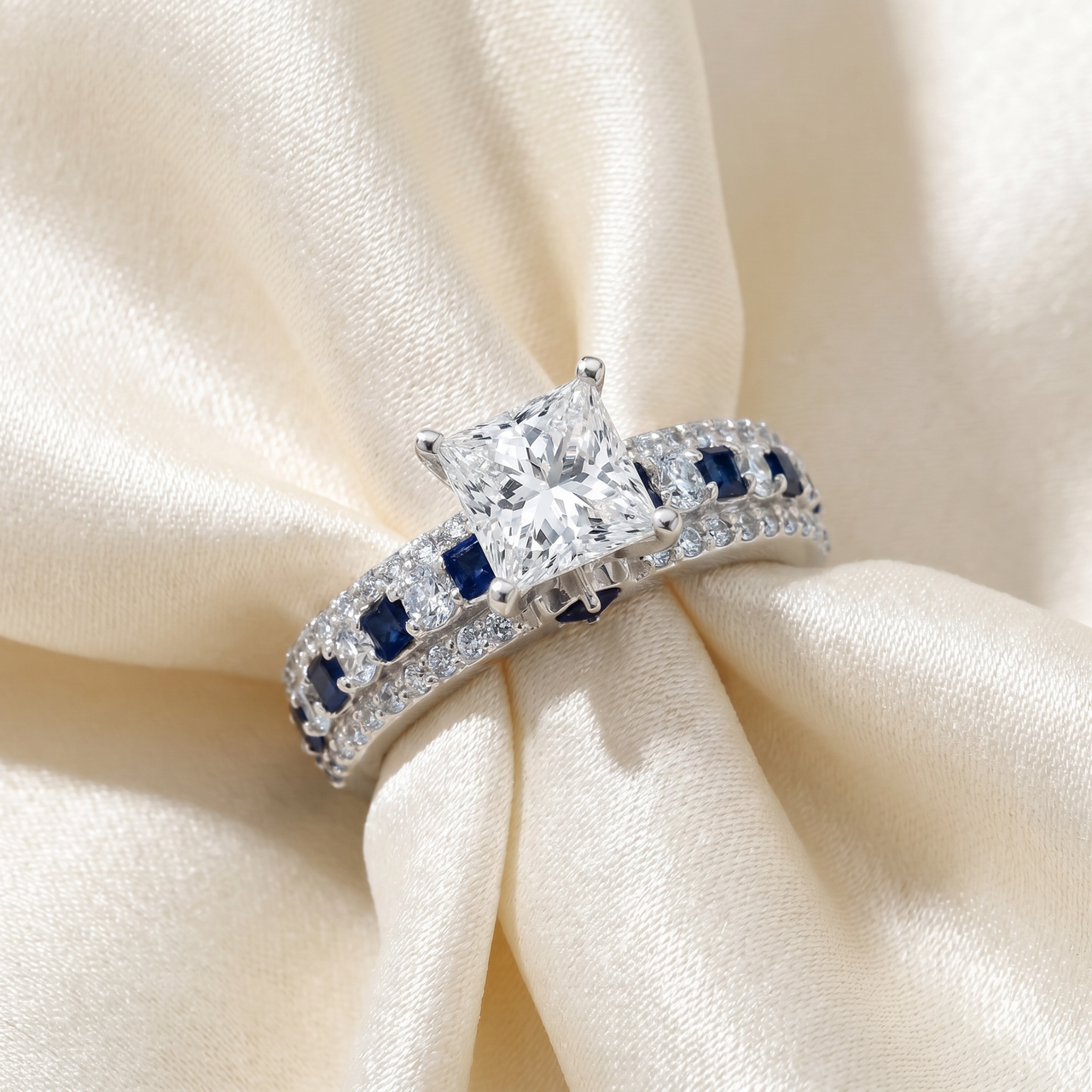 2 3/4ct Princess Cut & Sapphire Diamond Engagement Ring White Gold Lab Grown (G-H, VS)