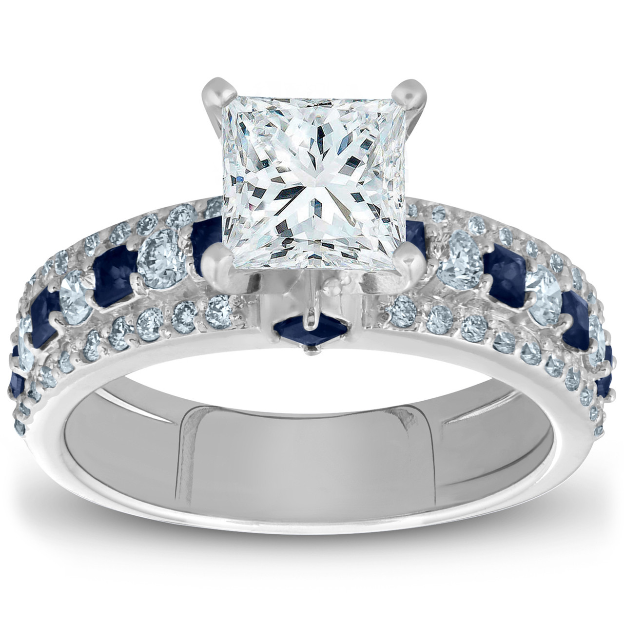 2 3/4ct Princess Cut & Sapphire Diamond Engagement Ring White Gold Lab Grown (G-H, VS)