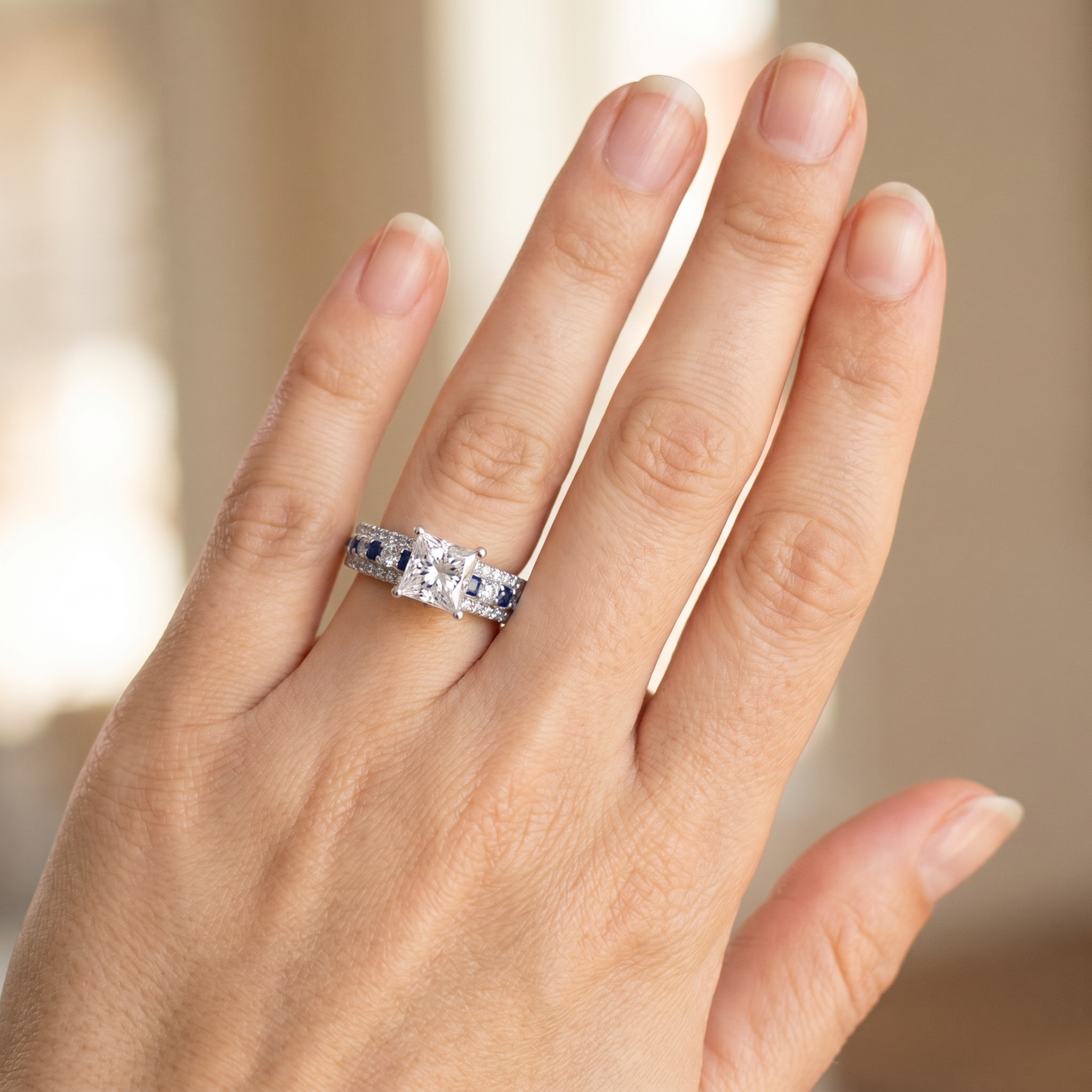 2 3/4ct Princess Cut & Sapphire Diamond Engagement Ring White Gold Lab Grown (G-H, VS)