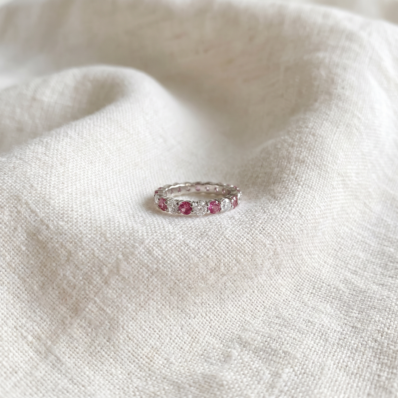 2 CT Diamond & Pink Topaz Eternity Ring 14K White Gold (G-H, I1)