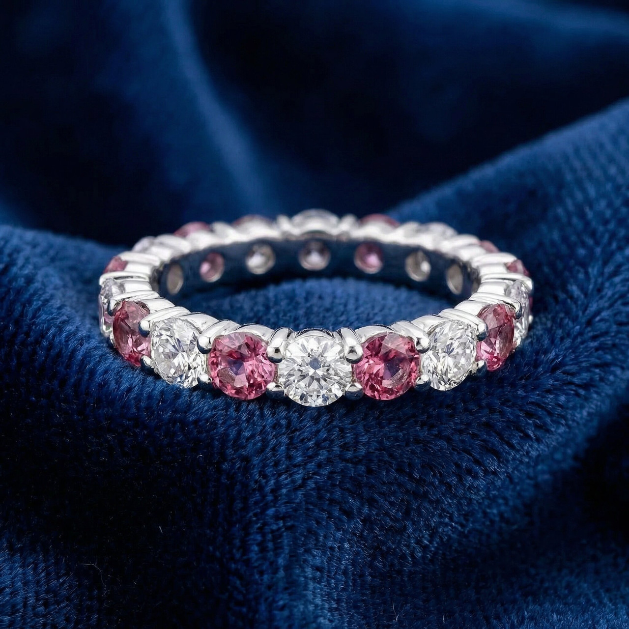 2 CT Diamond & Pink Topaz Eternity Ring 14K White Gold (G-H, I1)