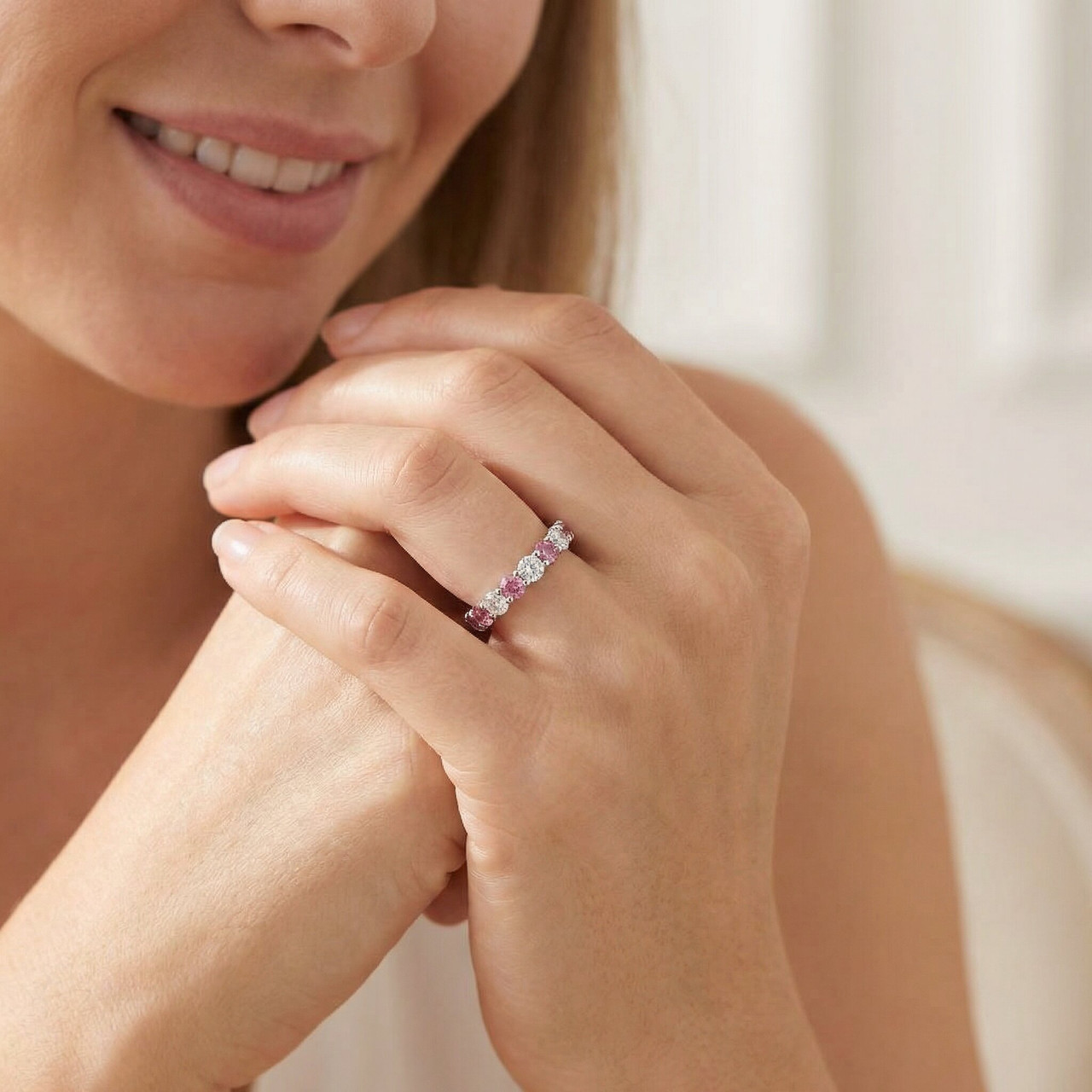 2 CT Diamond & Pink Topaz Eternity Ring 14K White Gold (G-H, I1)