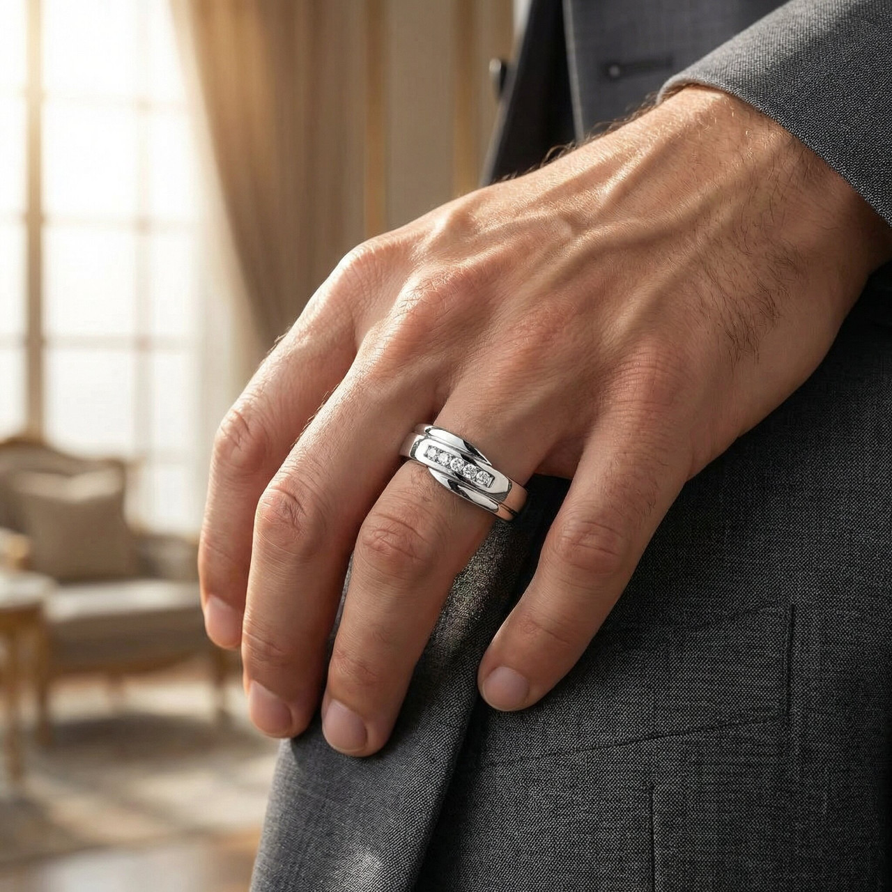 Mens Cut Diamond Wedding Ring 1/6cttw 10K White Gold High Polished Channel Set (H-I, I1)