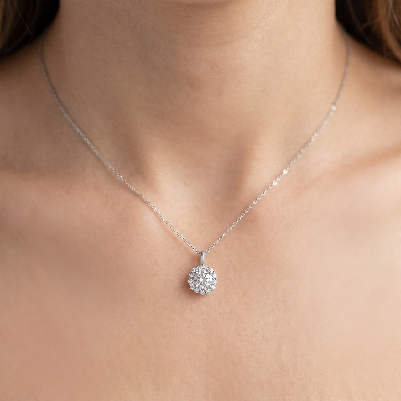 1 Ct Halo Diamond Pendant Necklace 18" 14k White Gold (G-H, I1)